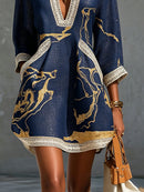 Navy Gold Printed V-neck Crochet Lace Mini Dress