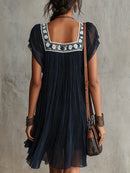 Navy Blue Floral Embroidered Pleated Chiffon Mini Dress