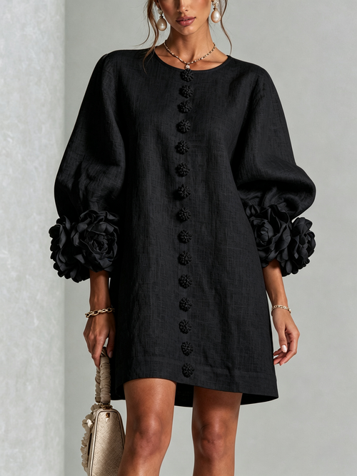 White Floral Button-down Mini Dress With Striking Floral Cuffs
