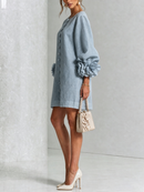 Dusty Blue Floral Button-down Mini Dress With Striking Floral Cuffs