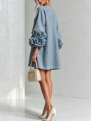 Dusty Blue Floral Button-down Mini Dress With Striking Floral Cuffs