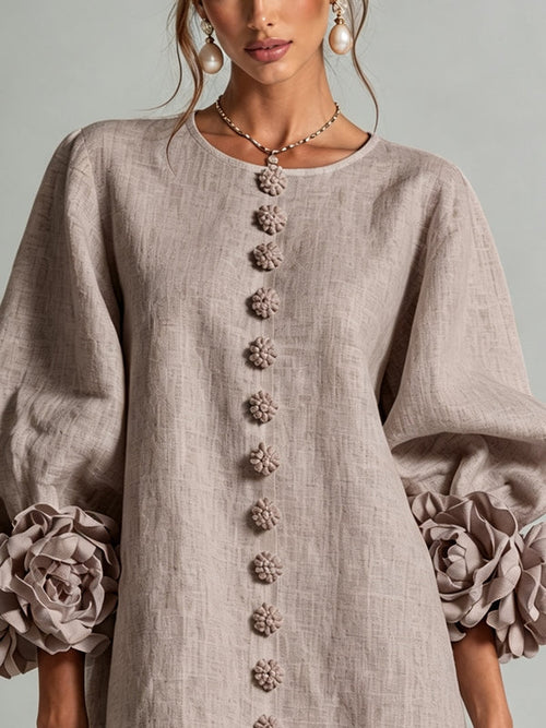 Mushroom Taupe Floral Button-down Mini Dress With Striking Floral Cuffs