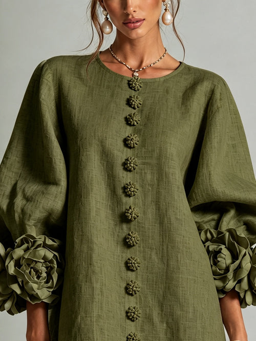 Olive Floral Button-down Mini Dress With Striking Floral Cuffs