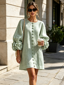White Floral Button-down Mini Dress With Striking Floral Cuffs