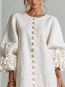 White Floral Button-down Mini Dress With Striking Floral Cuffs
