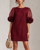 Burgundy Organza Puff-sleeved Mini Dress With Striking Floral Cuffs