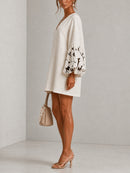 White V-neck Lantern Puff Sleeve Floral Print Mini Dress
