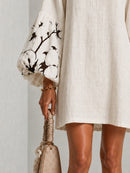 White V-neck Lantern Puff Sleeve Floral Print Mini Dress