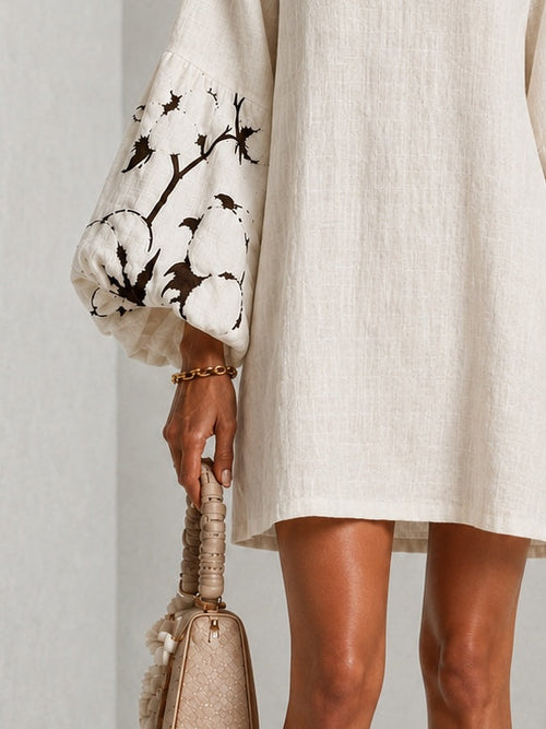 White V-neck Lantern Puff Sleeve Floral Print Mini Dress