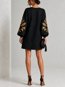 Black Gold Print Loose Mini Dress With Crew Neck And Lantern Sleeves