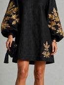 Black Gold Print Loose Mini Dress With Crew Neck And Lantern Sleeves