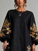 Black Gold Print Loose Mini Dress With Crew Neck And Lantern Sleeves