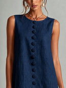 Navy Sleeveless Floral Button-front Mini Dress