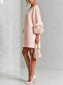 Pink Floral Round Neck Mini Dress With Striking Floral Cuffs
