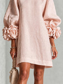Pink Floral Round Neck Mini Dress With Striking Floral Cuffs