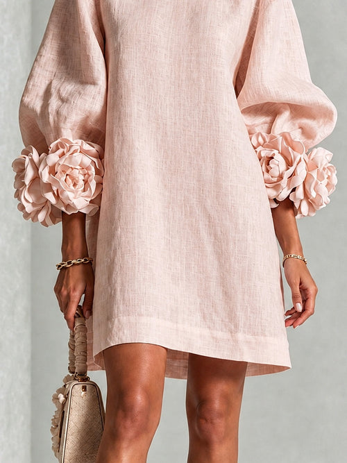 Pink Floral Round Neck Mini Dress With Striking Floral Cuffs