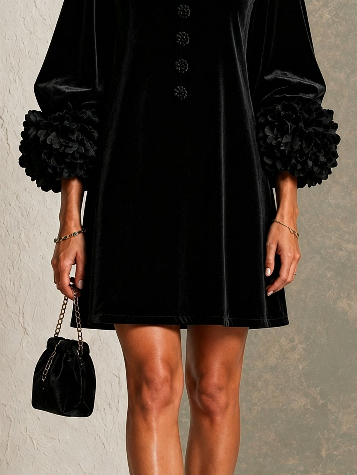 Black Velvet Button-front Mini Dress Featuring Striking Floral Cuffs