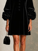 Black Velvet Button-front Mini Dress Featuring Striking Floral Cuffs