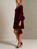 Burgundy Velvet Button-front Mini Dress Featuring Striking Floral Cuffs