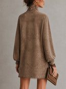 Brown Faux Suede Loose Mini Dress with Bow Detail and Lantern Sleeves