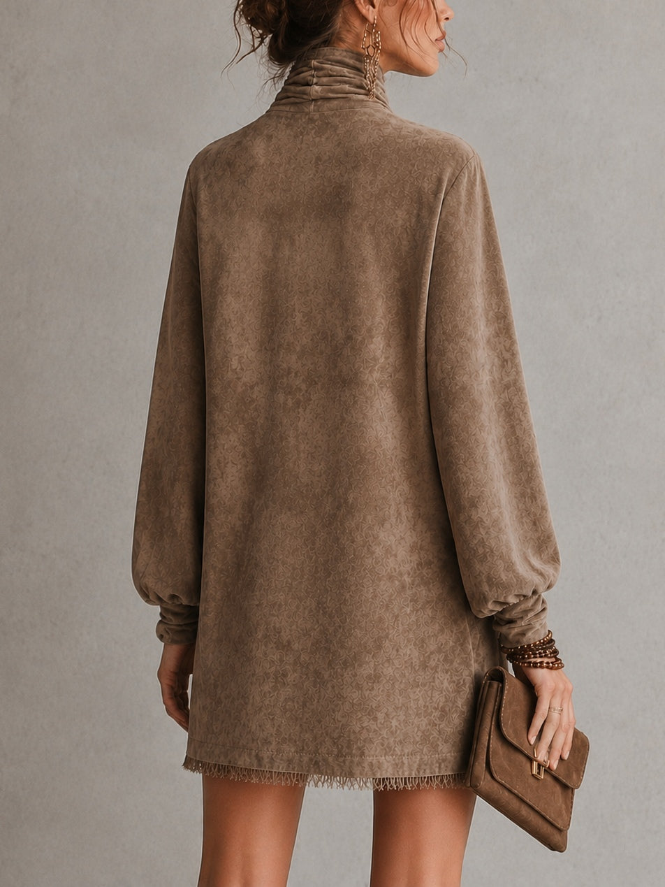 Brown Faux Suede Loose Mini Dress with Bow Detail and Lantern Sleeves