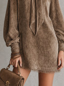 Brown Faux Suede Loose Mini Dress with Bow Detail and Lantern Sleeves