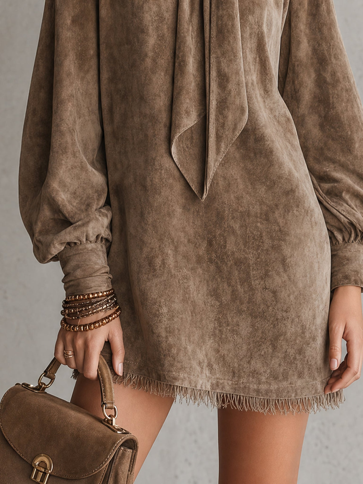 Brown Faux Suede Loose Mini Dress with Bow Detail and Lantern Sleeves