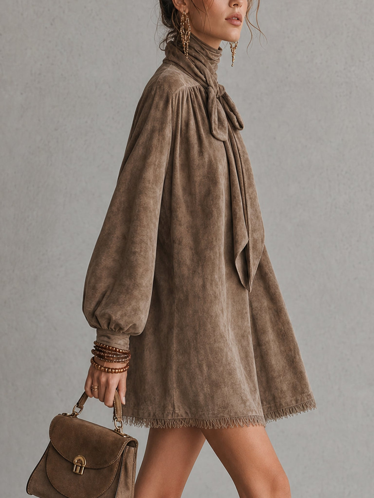 Brown Faux Suede Loose Mini Dress with Bow Detail and Lantern Sleeves