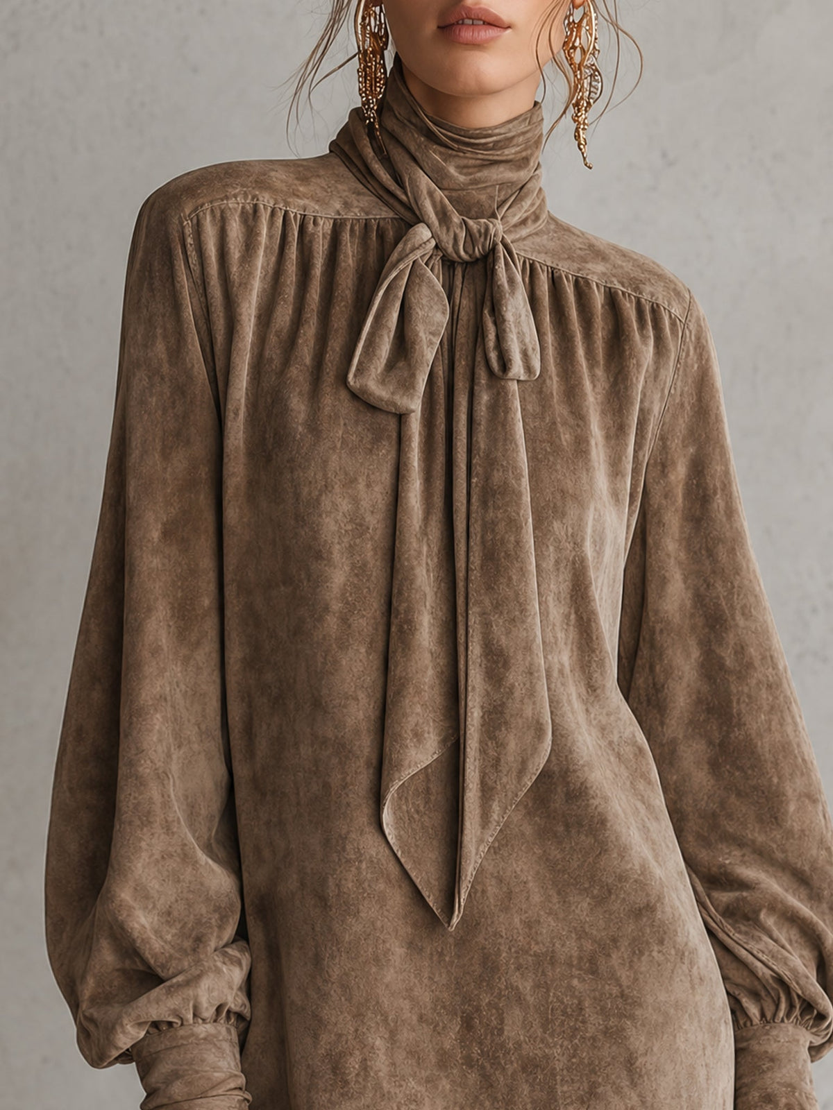 Brown Faux Suede Loose Mini Dress with Bow Detail and Lantern Sleeves