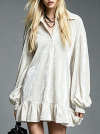 Velvet Mini Dress with Lantern Sleeves Ruffled Hem