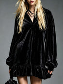 Velvet Mini Dress with Lantern Sleeves Ruffled Hem