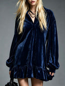 Velvet Mini Dress with Lantern Sleeves Ruffled Hem