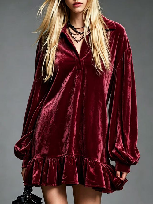 Velvet Mini Dress with Lantern Sleeves Ruffled Hem