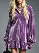 Velvet Mini Dress with Lantern Sleeves Ruffled Hem