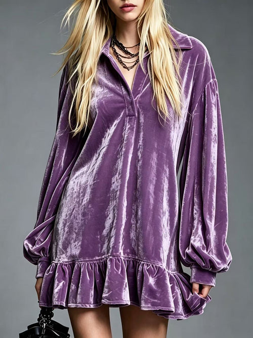 Velvet Mini Dress with Lantern Sleeves Ruffled Hem