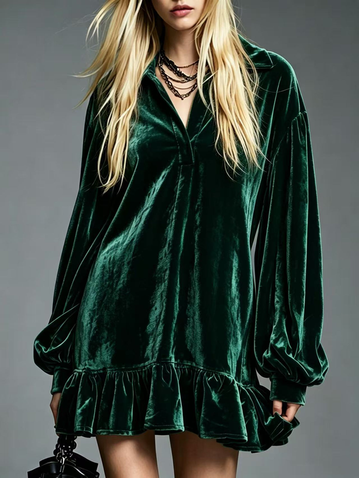 Velvet Mini Dress with Lantern Sleeves Ruffled Hem