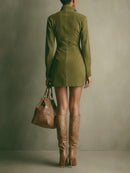 Brown Faux Suede Stand Collar Zipper Mini Dress