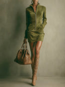 Brown Faux Suede Stand Collar Zipper Mini Dress