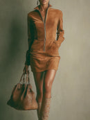 Brown Faux Suede Stand Collar Zipper Mini Dress