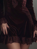 Burgundy Velvet Lace-trimmed V-neck Mini Dress
