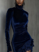 Dark Blue Velvet Turtleneck Lace Hem Fitted Mini Dress