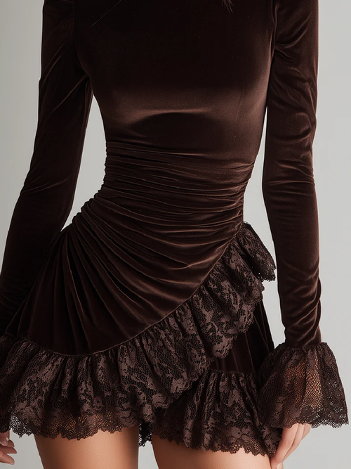 Brown Velvet Turtleneck Ruffled Lace Hem Mini Dress