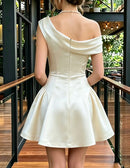 Asymmetrical Draped Shoulder 3D Floral Satin A‑Line Mini Dress