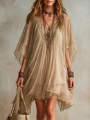 Green Chiffon V-neck Layered Flowy Mini Dress