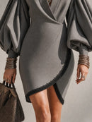 Women's Gray Puff Sleeve Blazer Mini Dress with Wrap Front