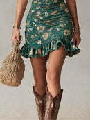 Bohemian Green Printed Ruffled Mini Dress