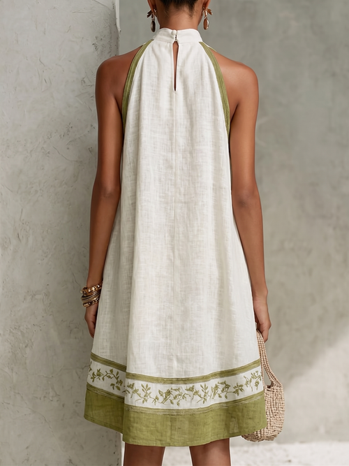 White And Olive Green Floral Sleeveless A-line Mini Dress